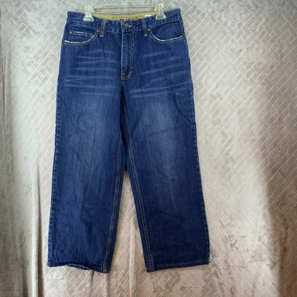 Plugg Womens 32 Denim Jeans Blue Baggy Straight Dark Wash High Rise 100% Cotton